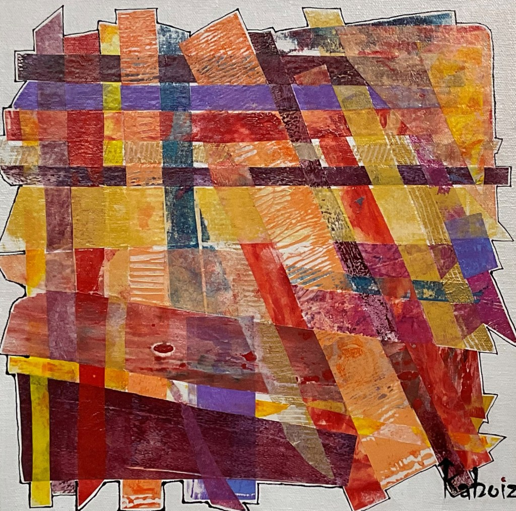 Toile réalisée en acrylique et techniques mixtes grandeur 12 x 12 pouces son titre: Fécondité, réalisée par Kaboiz femme artiste