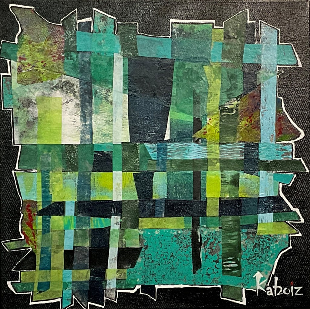 Toile réalisée en acrylique et techniques mixtes grandeur 12 x 12 pouces son titre: Fertilité, réalisée par Kaboiz femme artiste