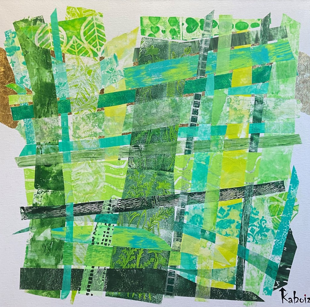 Toile réalisée en acrylique et techniques mixtes grandeur 24 x 24 pouces son titre: Cinquante nuances de vert, réalisée par Kaboiz femme artiste