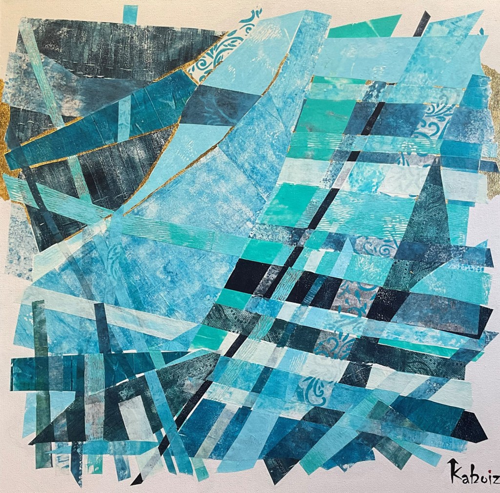 Toile réalisée en acrylique et techniques mixtes grandeur 24 x 24 pouces son titre: Cinquante nuances de bleu, réalisée par Kaboiz femme artiste