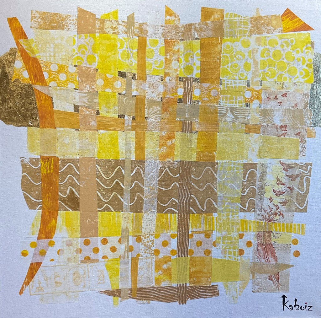 Toile réalisée en acrylique et techniques mixtes grandeur 24 x 24 pouces son titre: Cinquante nuances de jaune, réalisée par Kaboiz femme artiste