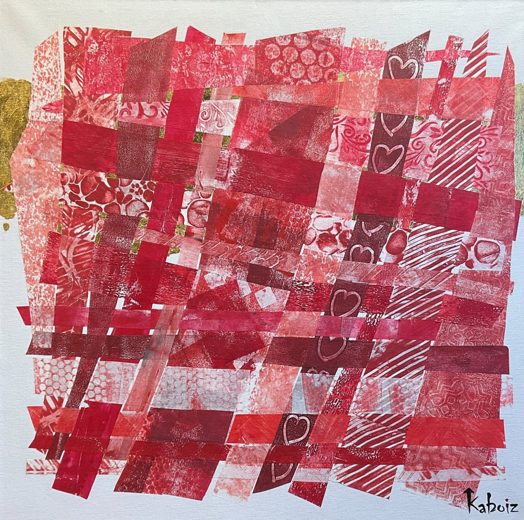Toile réalisée en acrylique et techniques mixtes grandeur 24 x 24 pouces son titre: Cinquante nuances de rouge, réalisée par Kaboiz femme artiste