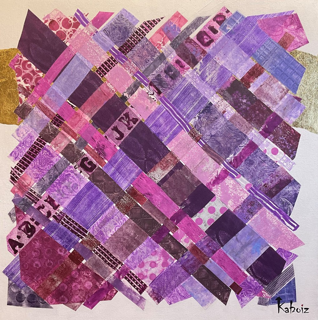 Toile réalisée en acrylique et techniques mixtes grandeur 24 x 24 pouces son titre: Cinquante nuances de violet, réalisée par Kaboiz femme artiste