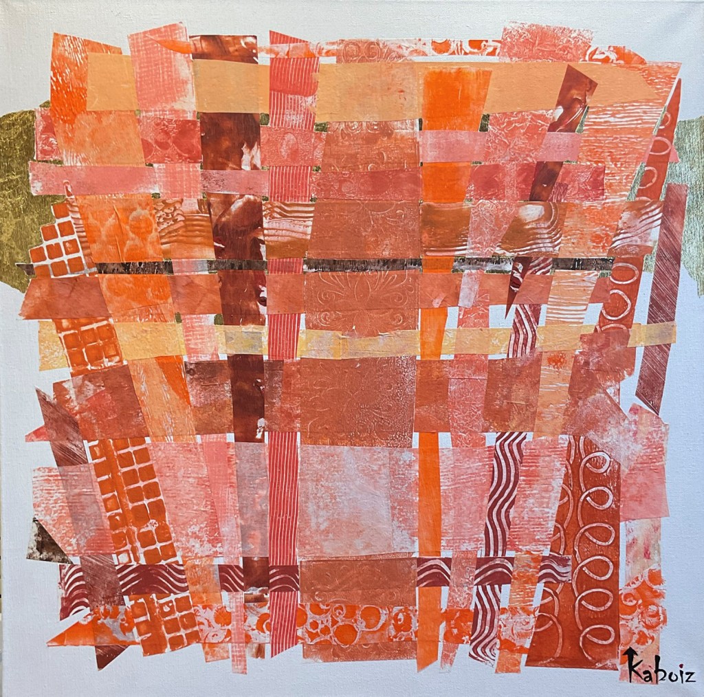 Toile réalisée en acrylique et techniques mixtes grandeur 24 x 24 pouces son titre: Cinquante nuances d'orange, réalisée par Kaboiz femme artiste