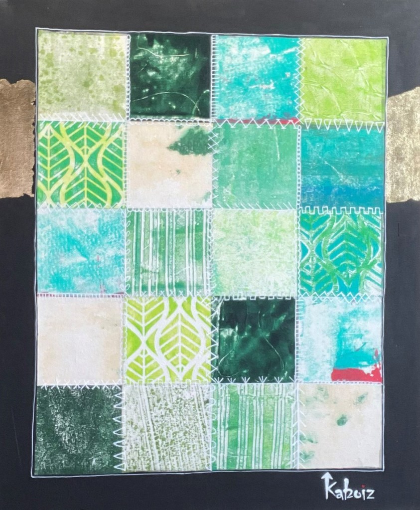 Toile réalisée en acrylique et techniques mixtes grandeur 20 x 24 pouces son titre: Héritage familial, la courte-pointe, réalisée par Kaboiz femme artiste