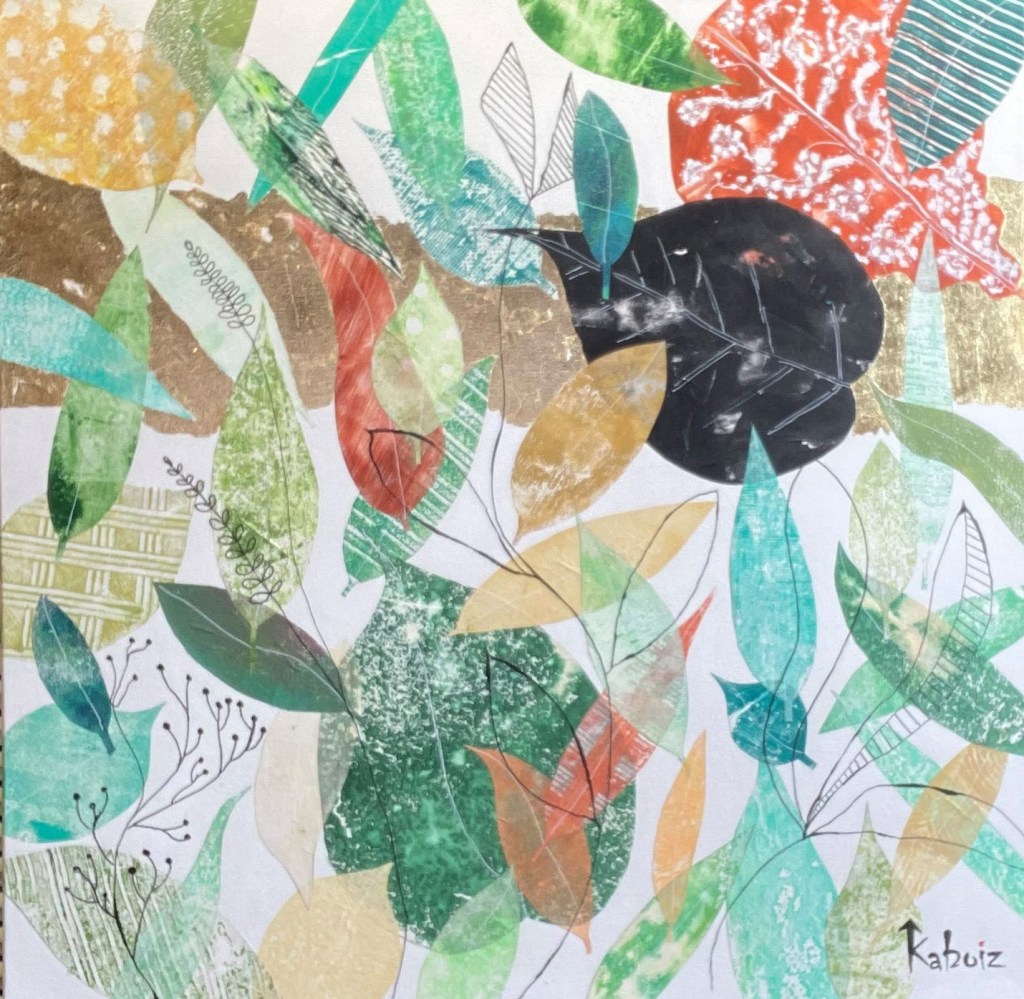 Toile réalisée en acrylique et techniques mixtes grandeur 24 x 24 pouces son titre: Mouton noir de la famille, réalisée par Kaboiz femme artiste