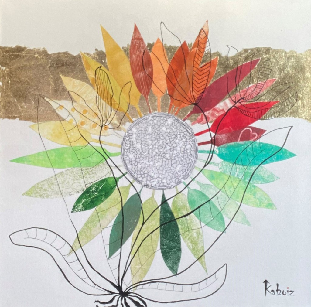 Toile réalisée en acrylique et techniques mixtes grandeur 24 x 24 pouces son titre: Noyau familial, réalisée par Kaboiz femme artiste