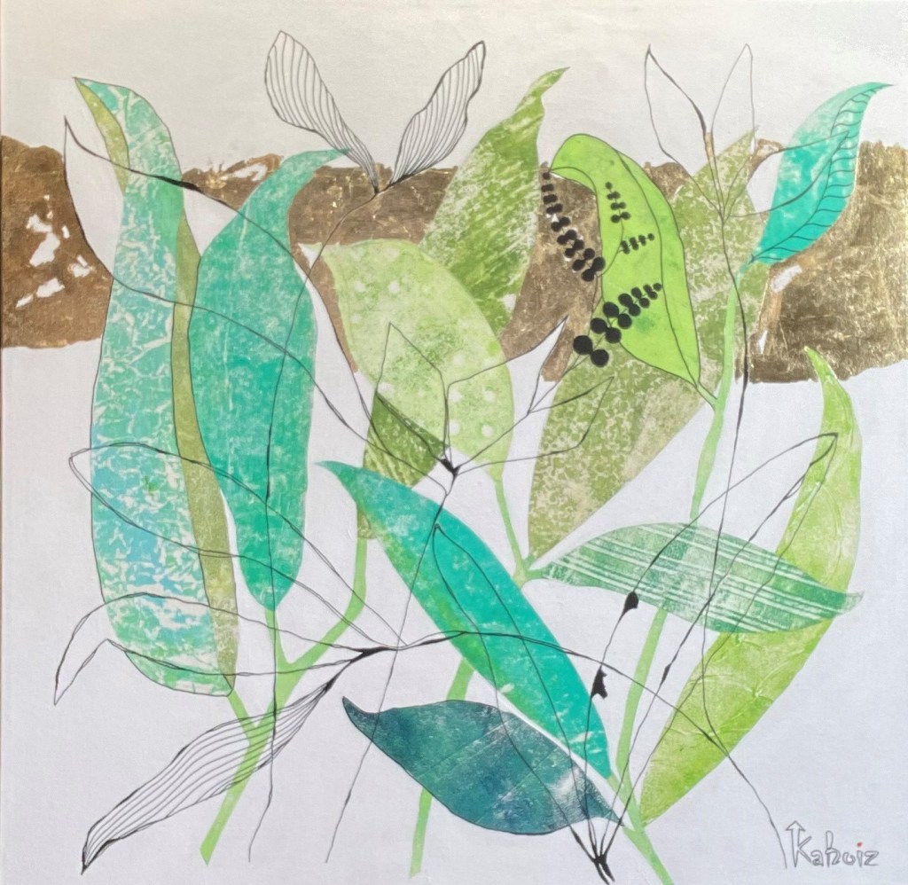 Toile réalisée en acrylique et techniques mixtes grandeur 24 x 24 pouces son titre: Party de famille, réalisée par Kaboiz femme artiste