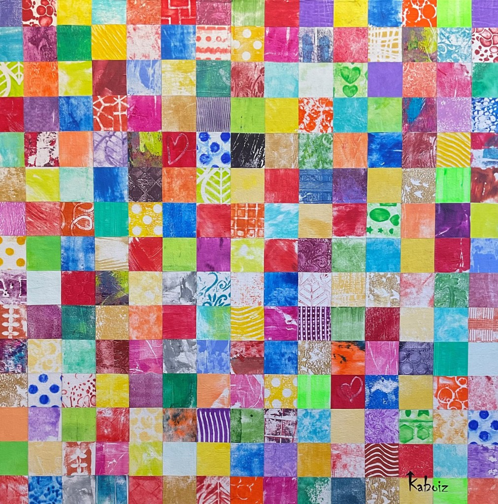 Toile réalisée en acrylique et techniques mixtes grandeur 30 x 30 pouces son titre: Carré Celanese, réalisée par Kaboiz femme artiste