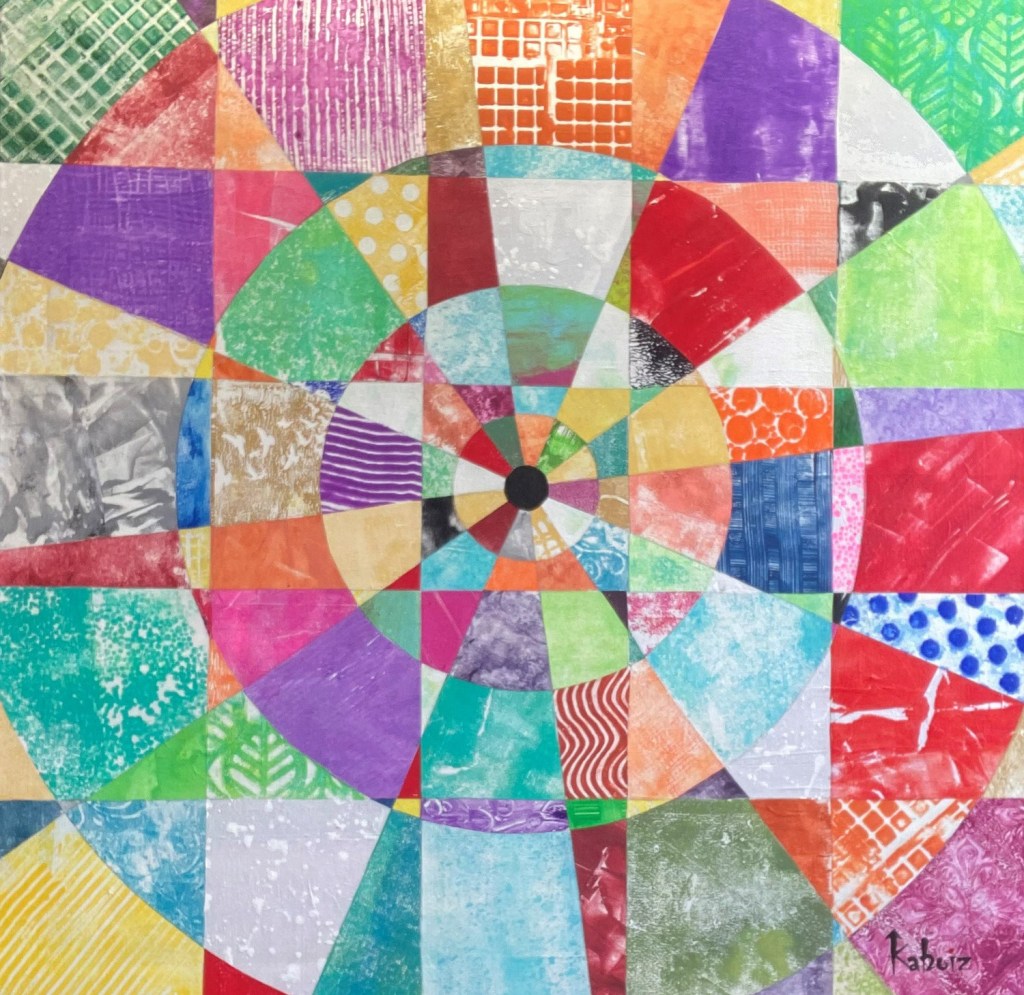 Toile réalisée en acrylique et techniques mixtes grandeur 30 x 30 pouces son titre: Rond point du pont, réalisée par Kaboiz femme artiste